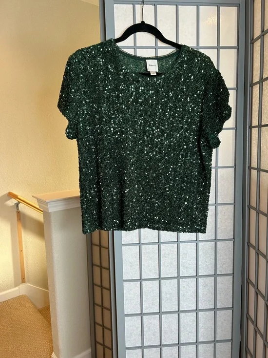 Anthropologie Maeve Emerald Sequin Short-Sleeve Tee - Picture 1 of 5